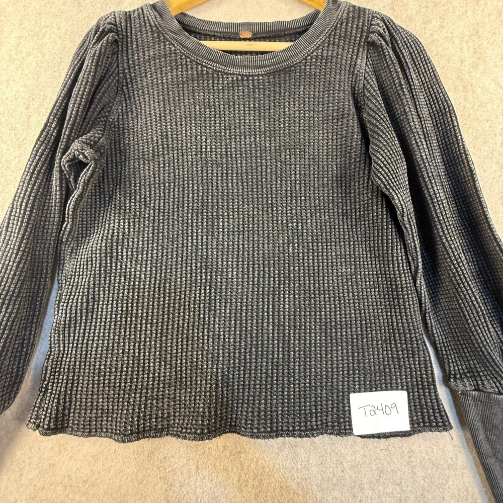 Free People FP One Waffle Thermal Puff Sleeve Button Cuff Top Washed Black